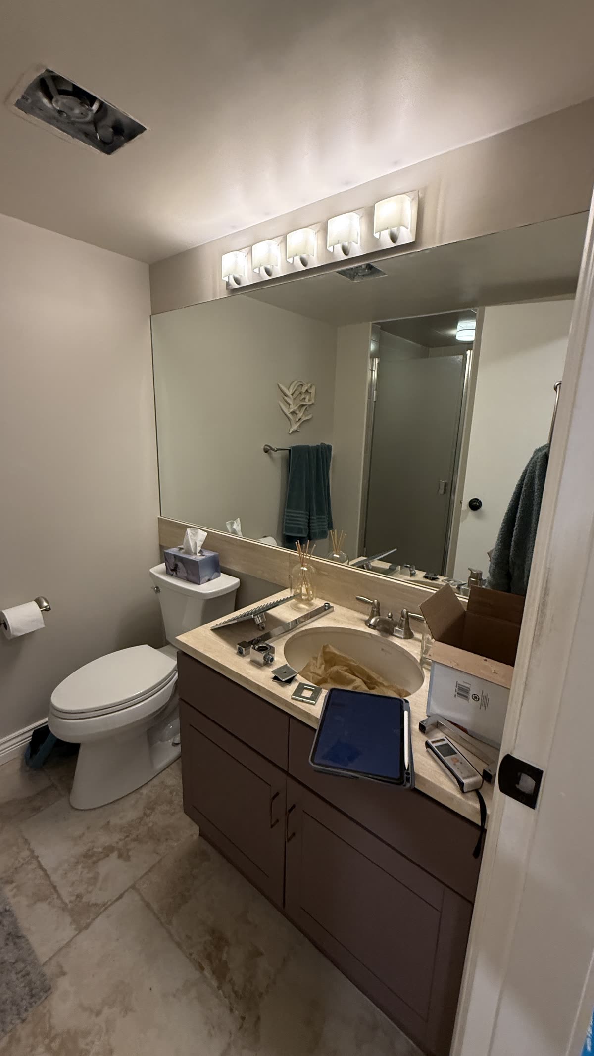 Original vanity lighting and toilet before Vancouver bathroom renovation